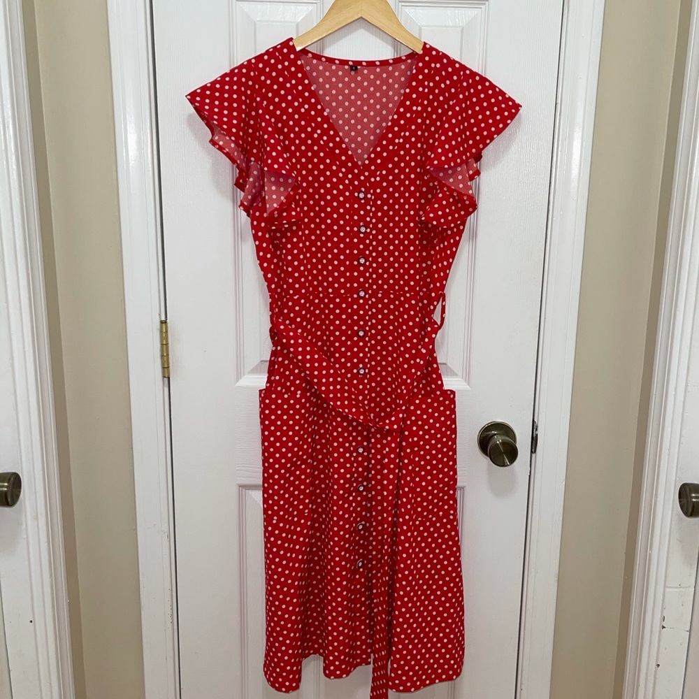 Ruffle Sleeve Red Polka-Dot Button Dress w/Pockets